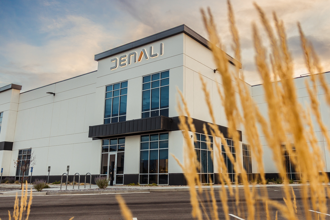 exterior illuminated building signage for denali therapeutics corporate facility in salt lake city utah