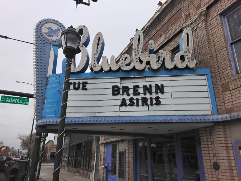 Bluebird Theater marquee sign on East Colfax in Denver before restoration work