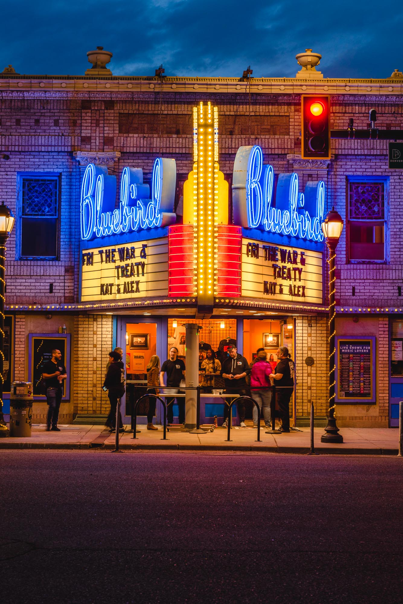 Restored Bluebird Theater marquee with new neon and lighting on East Colfax in Denver