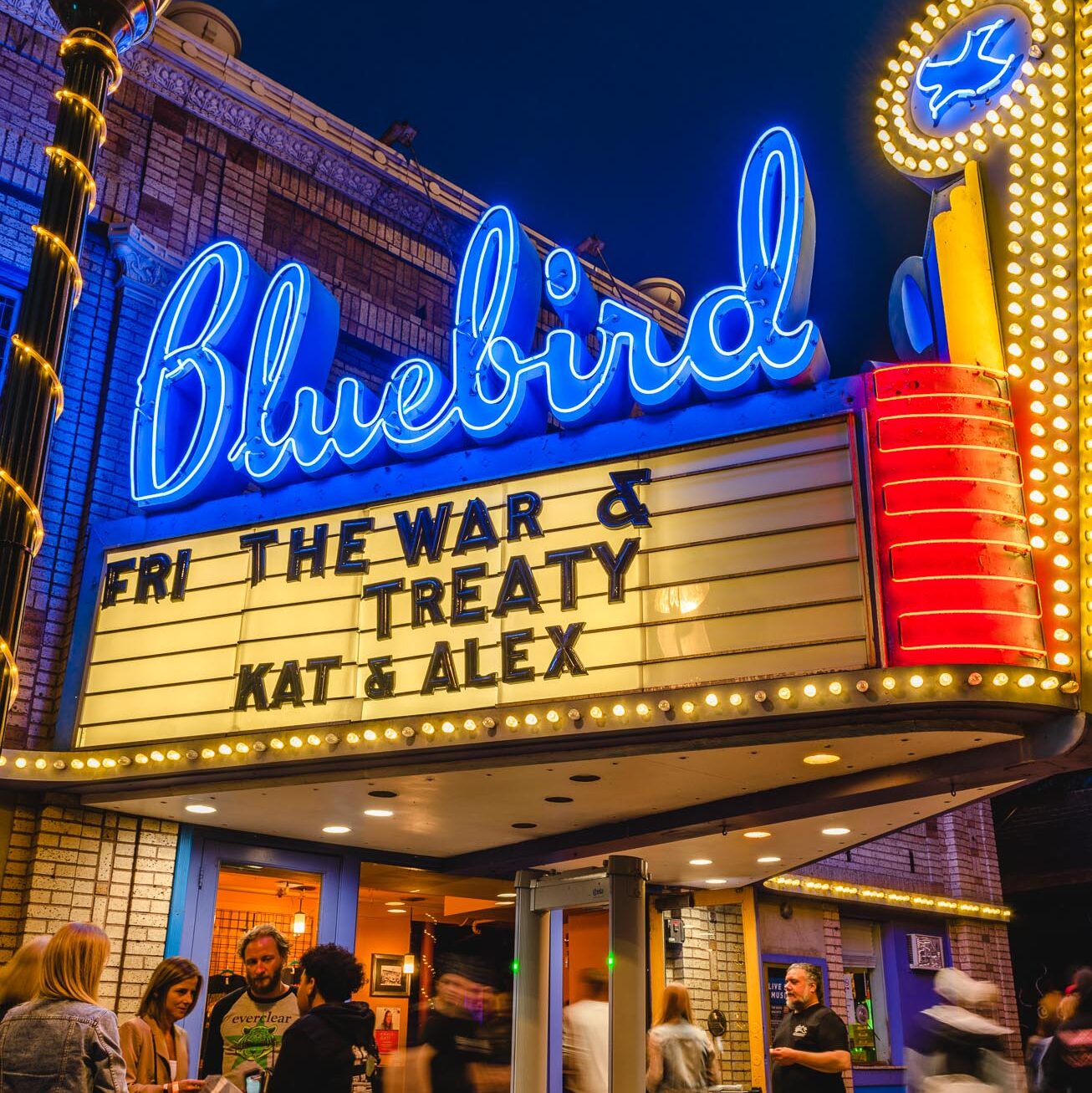 Front view of the restored Bluebird Theater marquee sign in Denver