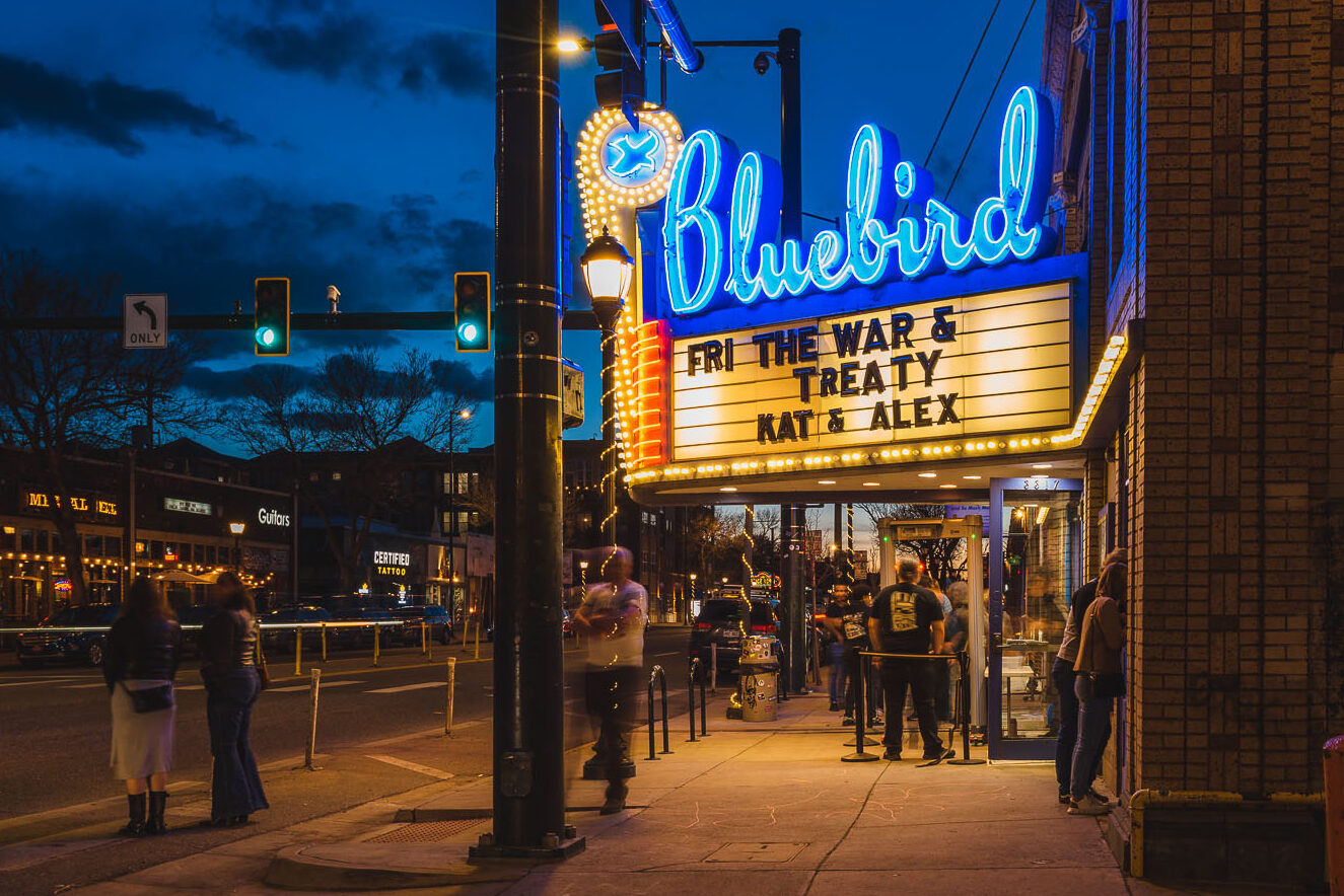 Historic Bluebird Theater marquee sign restored with new neon and lighting in Denver