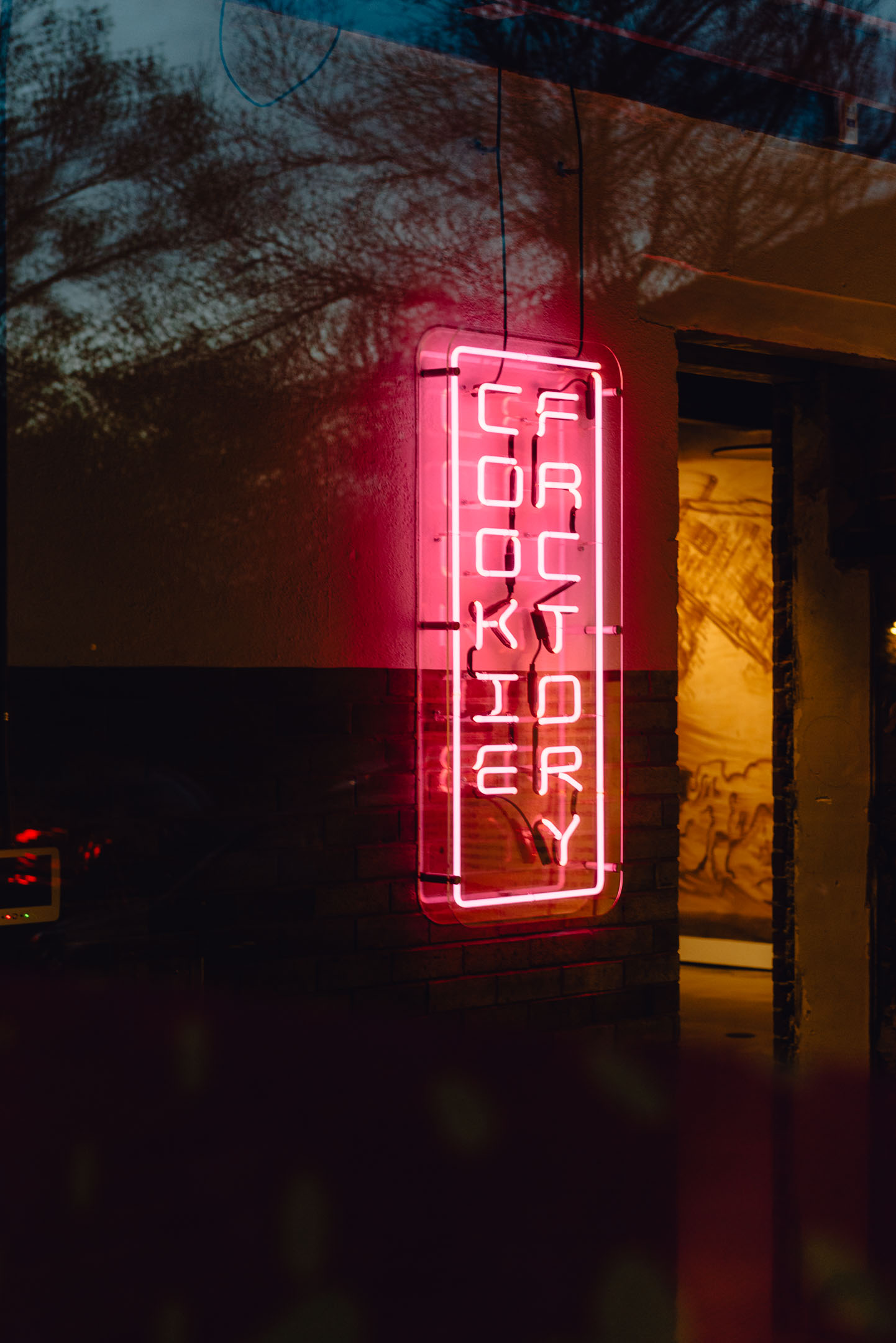Custom pink real neon Cookie Factory sign installed inside Denver art gallery.