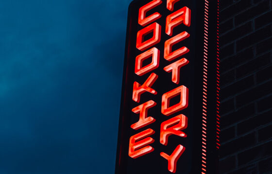 Close-up view of illuminated push-through letters on custom Cookie Factory blade sign.
